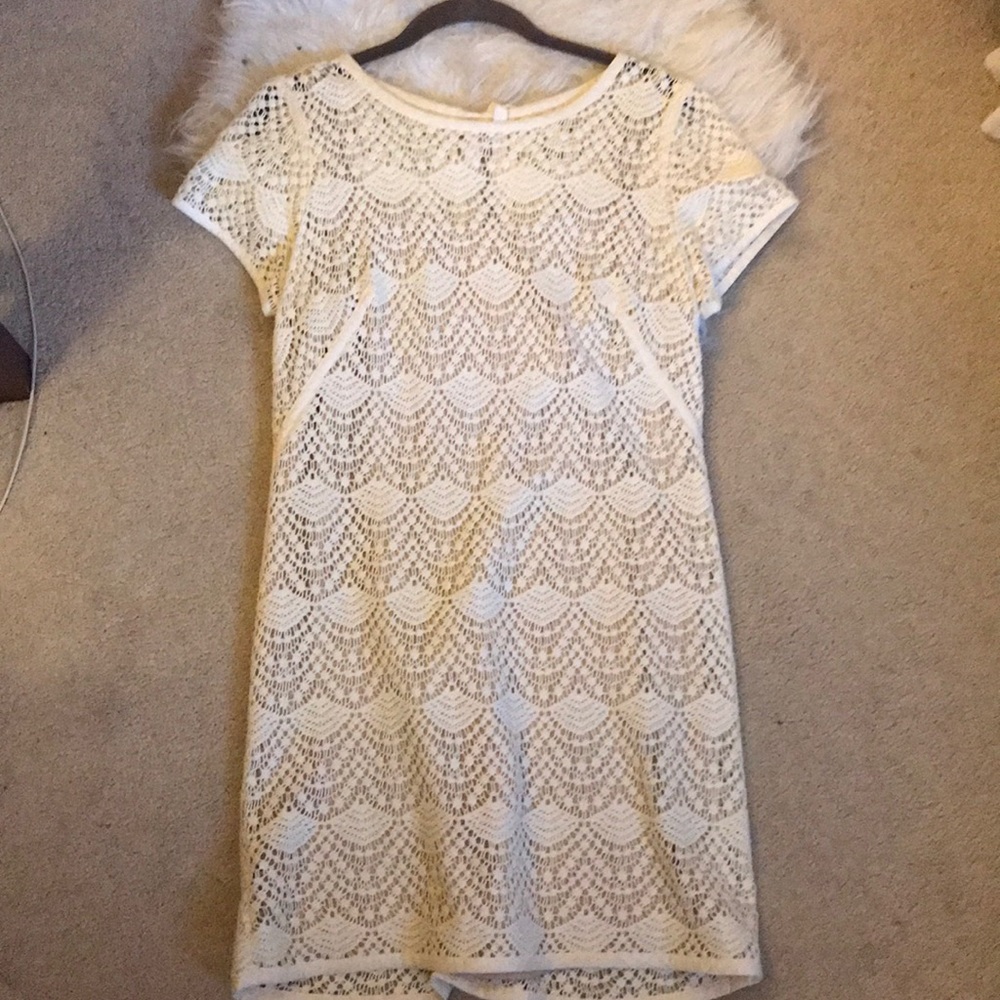 Lace LOFT dress with nude slip underneath.